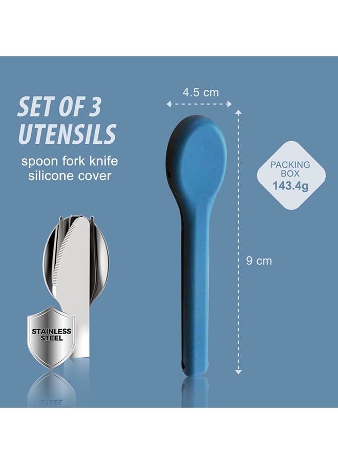 Eazy Kids - Cutlery Set - Stainless Steel Spoon, Fork And Knife With Silicone Case (Blue) - Image 1