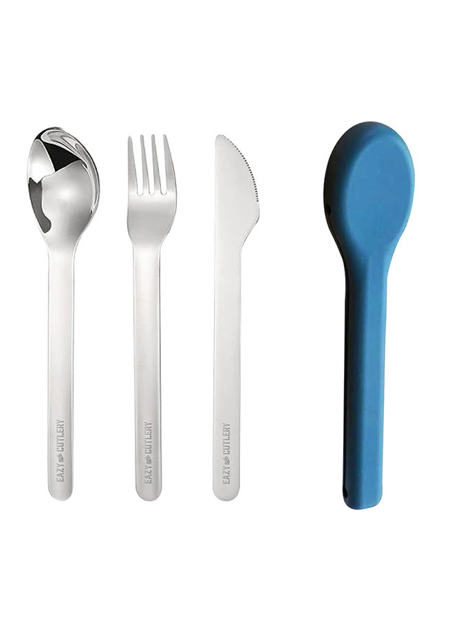 Eazy Kids Cutlery Set - Stainless Steel Spoon, Fork And Knife With Silicone Case (Blue)  - Image 1