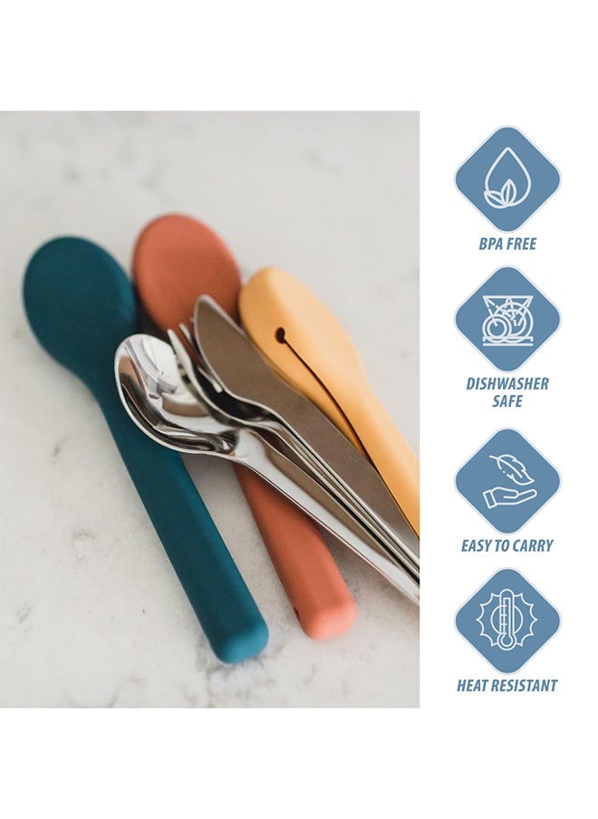 Eazy Kids - Cutlery Set - Stainless Steel Spoon, Fork And Knife With Silicone Case (Blue) - Image 1