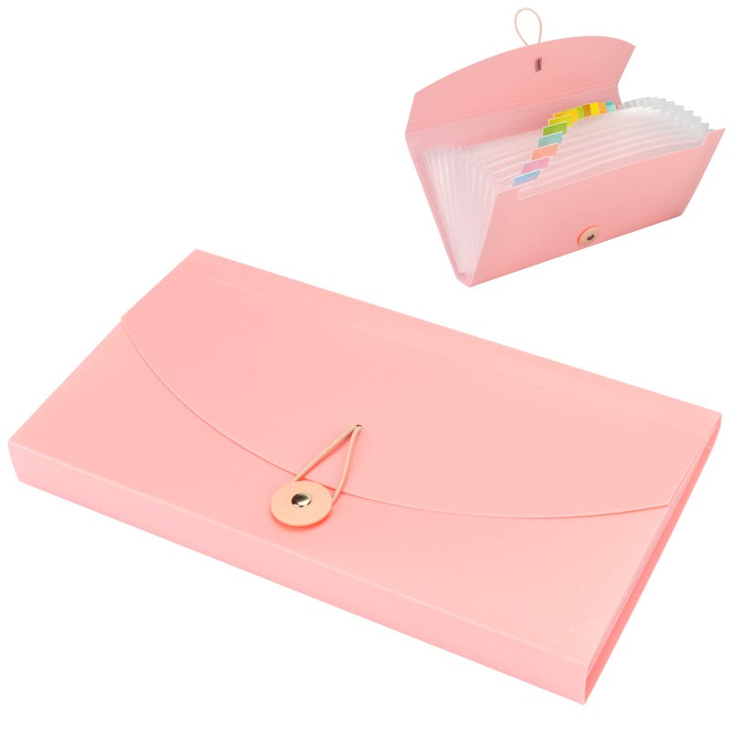 Oak-Pine 13 Pocket Receipt Folder/Accordion File Organizer/Plastic Check Bill File Folder/Expanding File Folder/Expanding Coupon Organizer with Labels/Document Organizer Folder (Pink) - Image 1