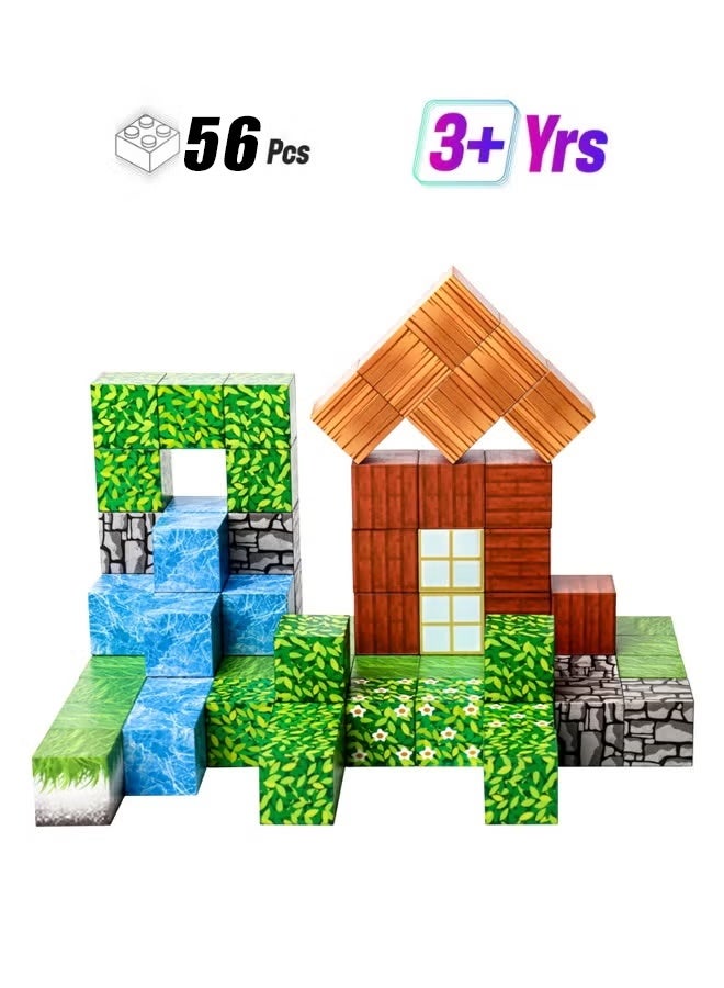 56 Pieces Magnetic Blocks - Build Magnet World Magic Forest Set, 1'' Magnetic Building Blocks Toddler Creative Kids Toys, STEM Sensory Outdoor Toys for 3+ Year Old Boys & Girls - Image 1