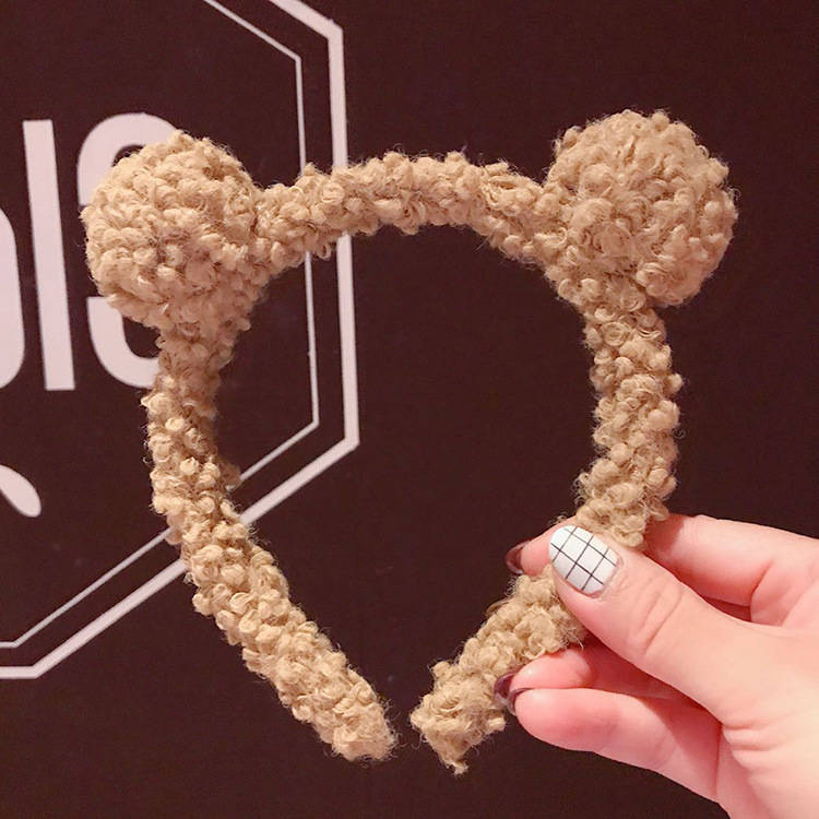 إسكدنيا Lamb Plush Cat Ear Hair Ball Headband Cute Makeup Wash Face Fashion Hair Ring Internet Celebrity Same Style Korean Style Hair Band A light curry