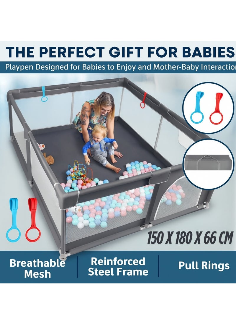 F.A.M.S Extra Large Baby Playpen 150×180 cm – 360° Breathable Mesh Sides, Anti-Slip Suction Base, 27" Height, with Carry Bag & Pull Rings – Indoor Safety Play Yard for Toddlers  - Image 1
