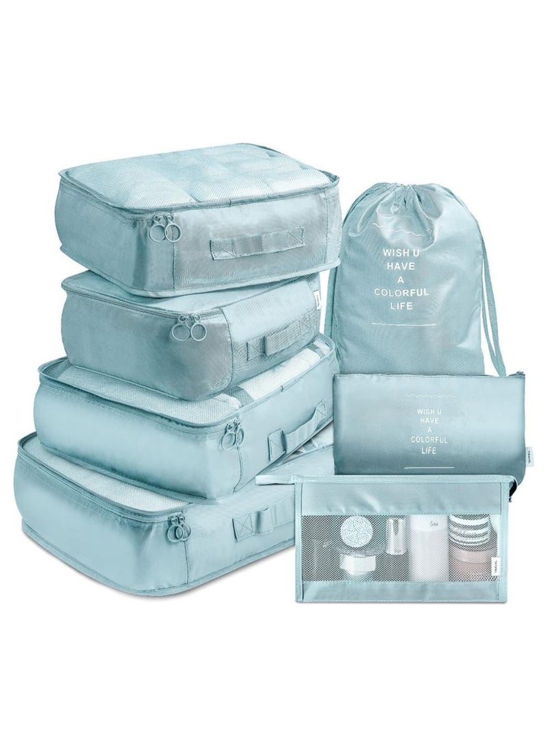 BLOOMING TIME 7 Set Packing Cubes for Suitcases, Travel Luggage Packing Organizers with Laundry Bag, Compression Storage Shoe Bag, Clothing Underwear Bag,Blue