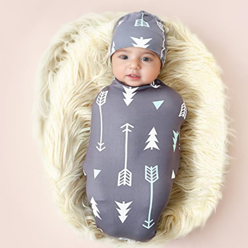 Galabloomer Newborn Swaddle Blanket with Beanie Set Baby Boy Receiving Blanket Gray Arrow - Image 2