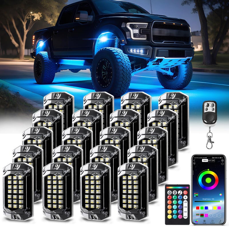 TDE Explorer.Lighting 20 Pods Full Angle RGBW LED Rock Lights, 6500K Pure White RGB Rock Light for Semi Truck Jeeps Trailer Pickup Offroad Boat RV Underbody 12V Waterproof Neon Underglow Kit with APP/RF Control Sync Music - Image 1