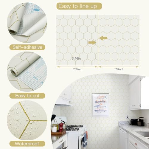 Fiula Beige and Gold Wallpaper Geometric Peel and Stick Wallpaper for Kitchen 393x173 Gold Wall Paper Hexagon Contact Paper for Backsplash Bathroom Laundry Room Textured Removable Waterproof - Image 3