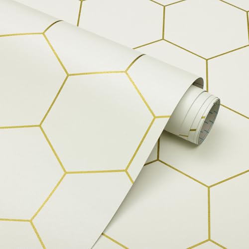Fiula Beige and Gold Wallpaper Geometric Peel and Stick Wallpaper for Kitchen 393x173 Gold Wall Paper Hexagon Contact Paper for Backsplash Bathroom Laundry Room Textured Removable Waterproof - Image 1