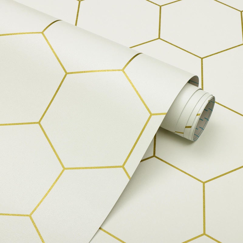 Fiula Beige and Gold Wallpaper Geometric Peel and Stick Wallpaper for Kitchen 393x173 Gold Wall Paper Hexagon Contact Paper for Backsplash Bathroom Laundry Room Textured Removable Waterproof - Image 2