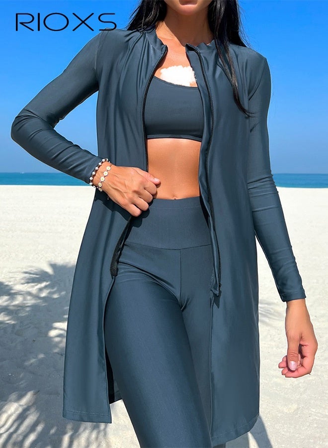 ريوكس ملابس سباحة من 3 قطع للنساء، قميص سباحة + بنطال طويل واقي من الشمس + رداء طويل الأكمام بسحاب وحزام، ملابس سباحة نسائية للشاطئ، ملابس سباحة مريحة واقية من الأشعة فوق البنفسجية، ملابس سباحة نسائية مطاطية للشاطئ/التجديف/التجديف بالطوافات - Image 4