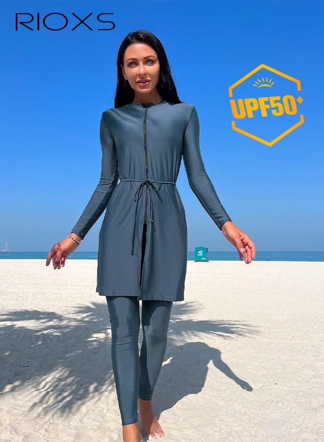 ريوكس ملابس سباحة من 3 قطع للنساء، قميص سباحة + بنطال طويل واقي من الشمس + رداء طويل الأكمام بسحاب وحزام، ملابس سباحة نسائية للشاطئ، ملابس سباحة مريحة واقية من الأشعة فوق البنفسجية، ملابس سباحة نسائية مطاطية للشاطئ/التجديف/التجديف بالطوافات - Image 2