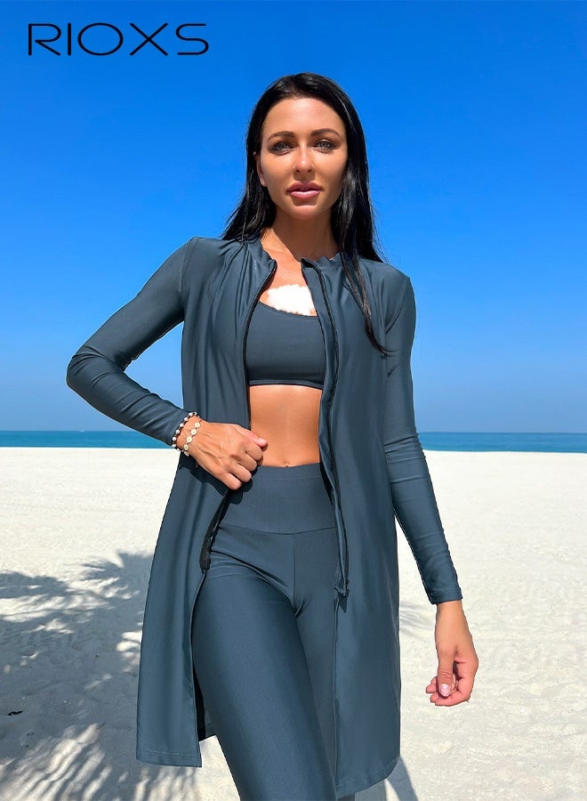 ريوكس ملابس سباحة من 3 قطع للنساء، قميص سباحة + بنطال طويل واقي من الشمس + رداء طويل الأكمام بسحاب وحزام، ملابس سباحة نسائية للشاطئ، ملابس سباحة مريحة واقية من الأشعة فوق البنفسجية، ملابس سباحة نسائية مطاطية للشاطئ/التجديف/التجديف بالطوافات - Image 3