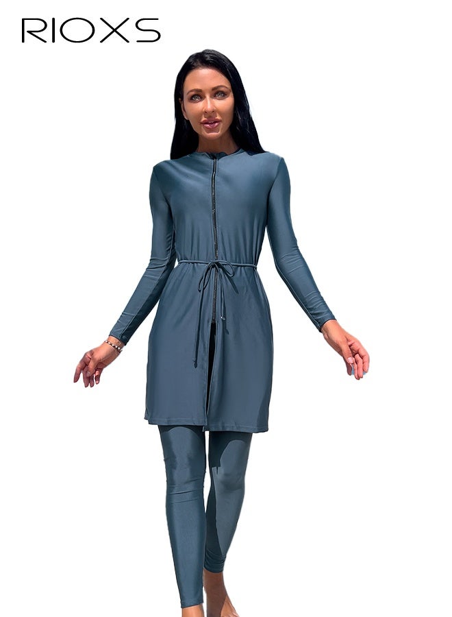 ريوكس ملابس سباحة من 3 قطع للنساء، قميص سباحة + بنطال طويل واقي من الشمس + رداء طويل الأكمام بسحاب وحزام، ملابس سباحة نسائية للشاطئ، ملابس سباحة مريحة واقية من الأشعة فوق البنفسجية، ملابس سباحة نسائية مطاطية للشاطئ/التجديف/التجديف بالطوافات - Image 1