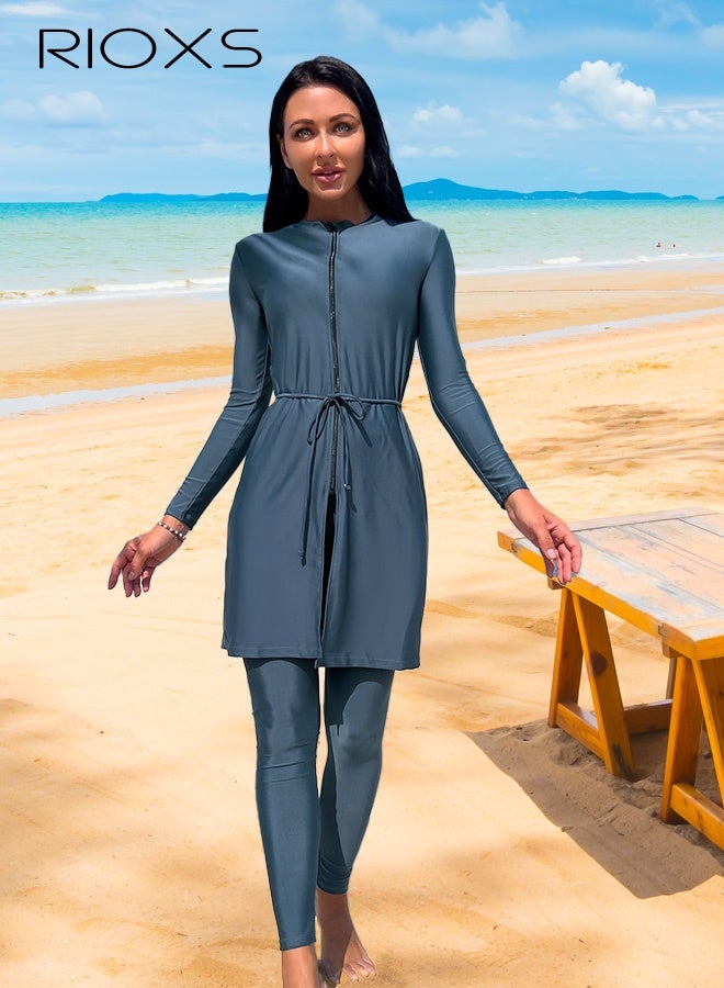 ريوكس ملابس سباحة من 3 قطع للنساء، قميص سباحة + بنطال طويل واقي من الشمس + رداء طويل الأكمام بسحاب وحزام، ملابس سباحة نسائية للشاطئ، ملابس سباحة مريحة واقية من الأشعة فوق البنفسجية، ملابس سباحة نسائية مطاطية للشاطئ/التجديف/التجديف بالطوافات - Image 5