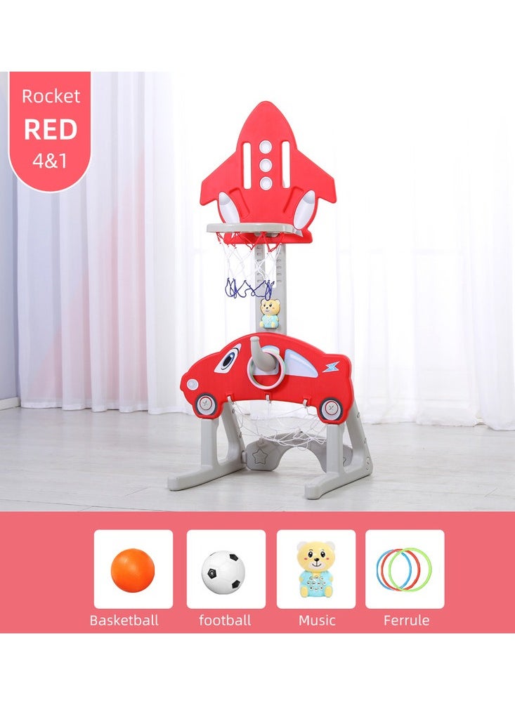 FULL JOY - 4*1 Multifunctional Rocket-Shape Basketball Set Combines Basketball Game, Football Game ,Music  and Ring Toss Game ,Red - Image 1