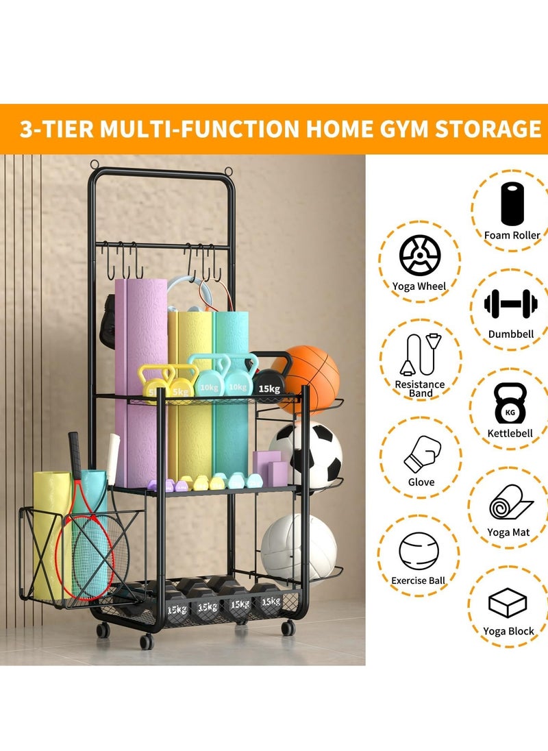PENG GENERAL Home Gym Sports Equipment Organizer, Yoga Mat Dumbbell Kettlebells Rack with Sturdy and Lockable Casters  - Image 3