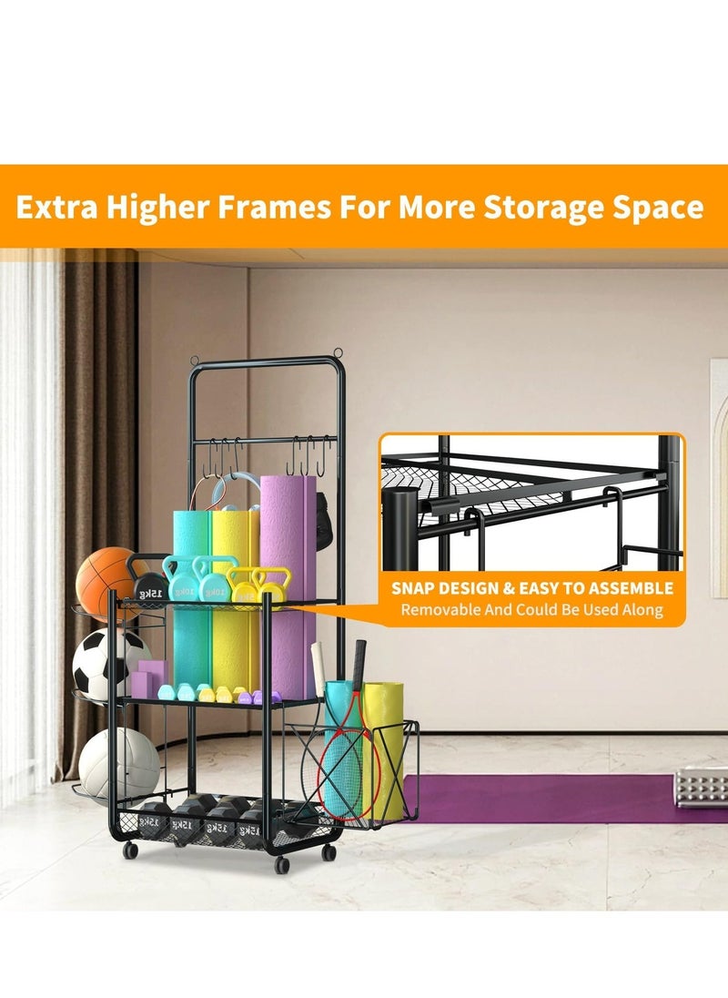 PENG GENERAL Home Gym Sports Equipment Organizer, Yoga Mat Dumbbell Kettlebells Rack with Sturdy and Lockable Casters  - Image 4