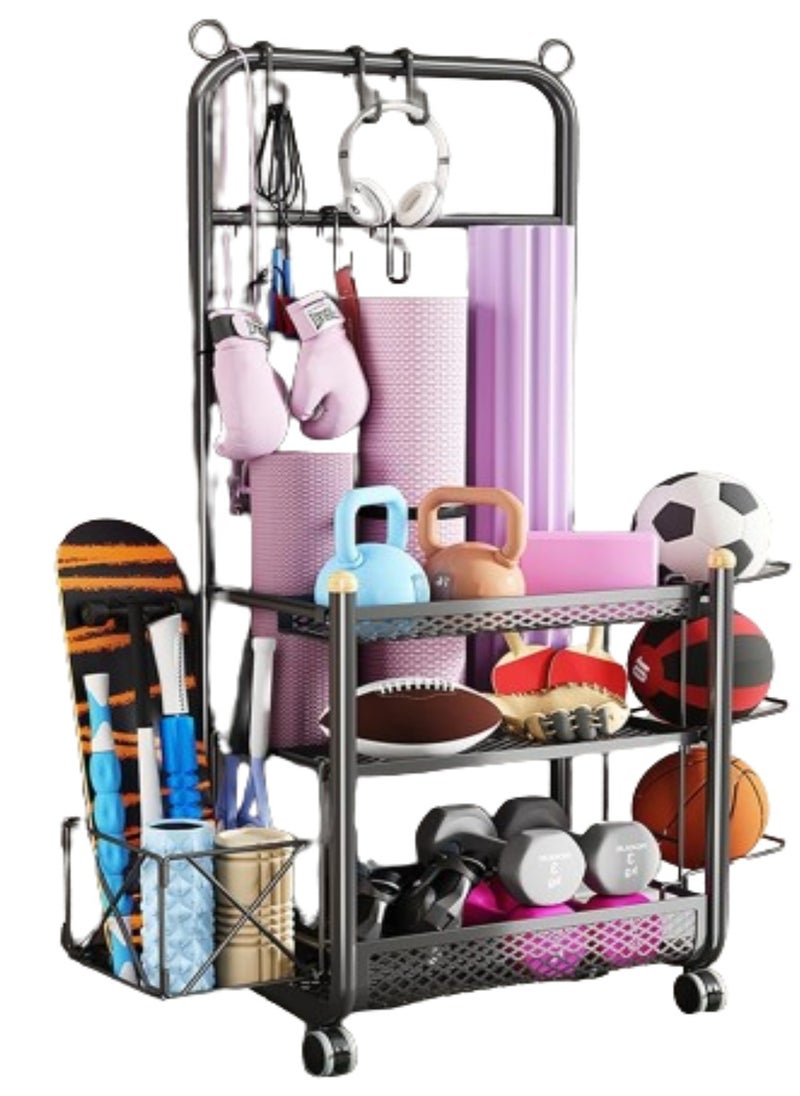 PENG GENERAL Home Gym Sports Equipment Organizer, Yoga Mat Dumbbell Kettlebells Rack with Sturdy and Lockable Casters  - Image 1