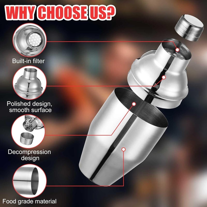Nitial 9 Pcs Bar Cocktail Shaker Professional Stainless Steel Martini Drink Mixer Built-in Strainer for Bartending No Leaks Boston Shaker for Bar Party Drink Tool(Silver,8 oz) - Image 3
