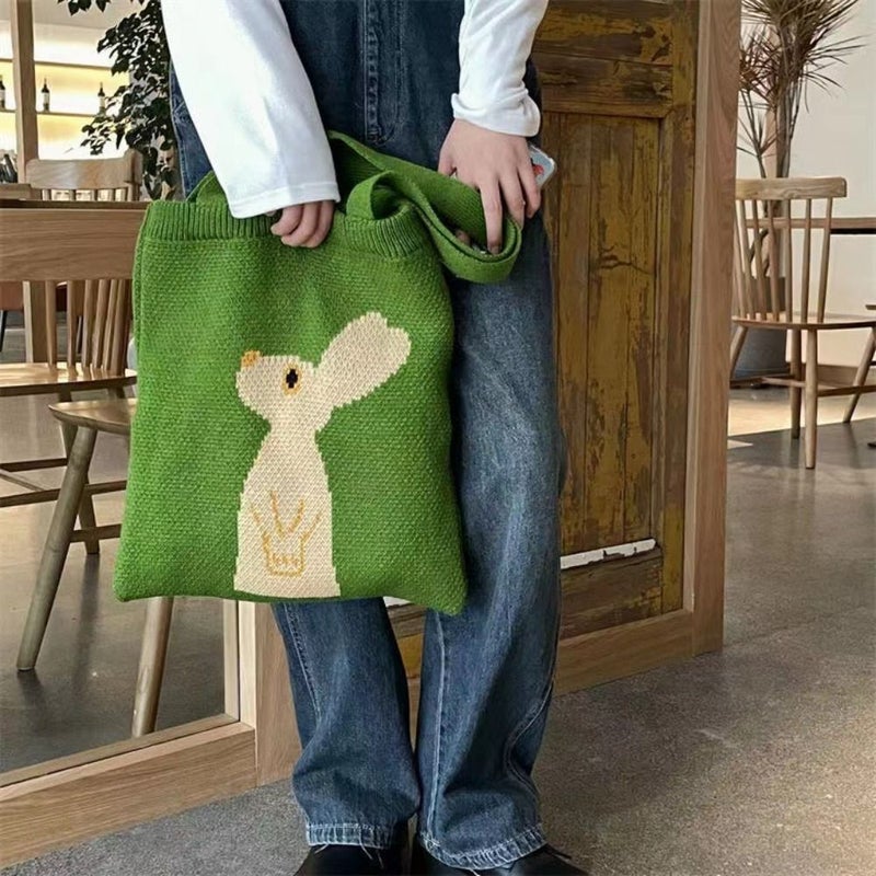 حقيبة يد نسائية أنيقة بتصميم أرنب محبوك باللون الأخضر، مناسبة للفتيات، يمكن حملها على الكتف أو استخدامها كحقيبة تسوق عملية. - Image 5