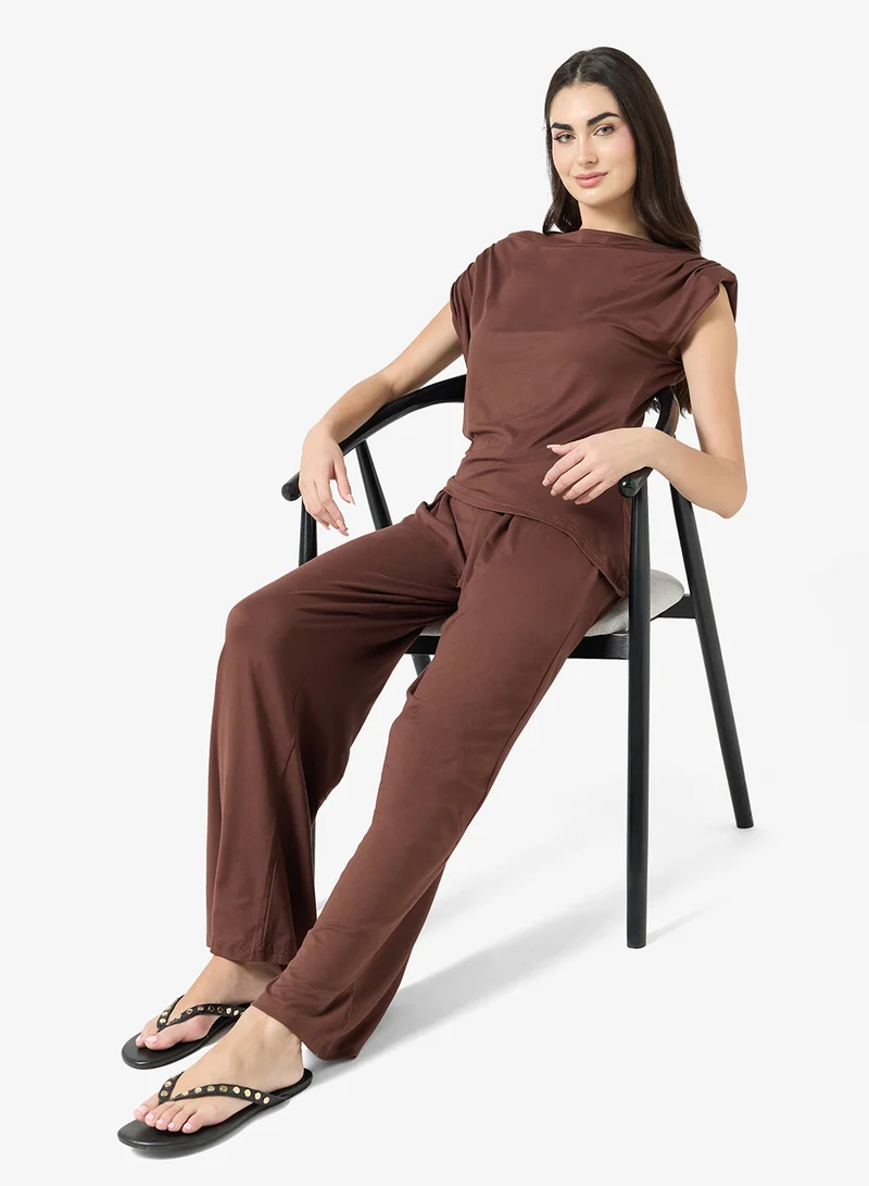 Ginger Basics  Assymetric Comfy Longline Top & Straight Fit Pant Lounge Set for Women | Best Price UAE