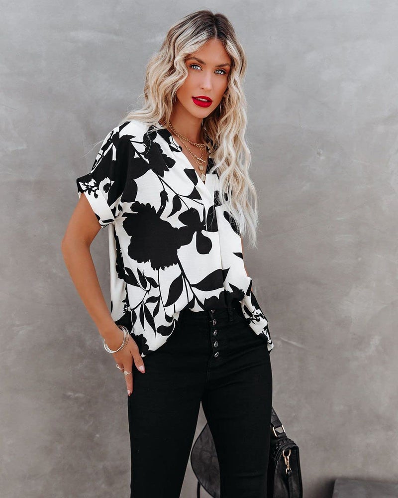 ANCAPELION Womenâ€™s Summer Chiffon Blouse Casual Short Sleeve V Neck Shirt Loose Printed Cuffed Sleeve Tunic Tops for Women Black White Printed X-Large - Image 3