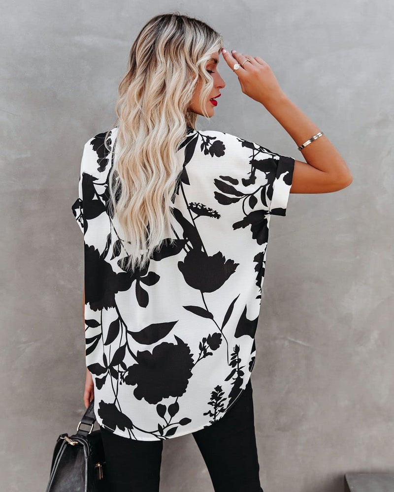 ANCAPELION Womenâ€™s Summer Chiffon Blouse Casual Short Sleeve V Neck Shirt Loose Printed Cuffed Sleeve Tunic Tops for Women Black White Printed X-Large - Image 2