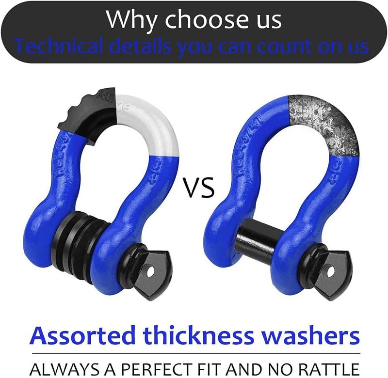 AUTOBOTS Shackles 3/4" (2 Pack), D Ring Shackle 45,000Ib Max Break Strength with 7/8" Pin & Isolator Washers Heavy Duty Clevis Tow Shackle for Tow Strap Jeep Vehicle Off Road Recovery Blue-Black - Image 4
