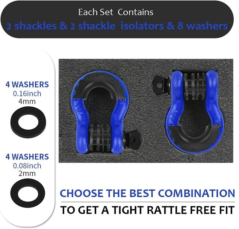 AUTOBOTS Shackles 3/4" (2 Pack), D Ring Shackle 45,000Ib Max Break Strength with 7/8" Pin & Isolator Washers Heavy Duty Clevis Tow Shackle for Tow Strap Jeep Vehicle Off Road Recovery Blue-Black - Image 3