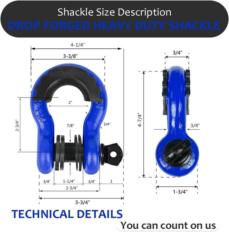 AUTOBOTS Shackles 3/4" (2 Pack), D Ring Shackle 45,000Ib Max Break Strength with 7/8" Pin & Isolator Washers Heavy Duty Clevis Tow Shackle for Tow Strap Jeep Vehicle Off Road Recovery Blue-Black - Image 2