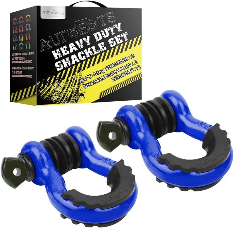 AUTOBOTS Shackles 3/4" (2 Pack), D Ring Shackle 45,000Ib Max Break Strength with 7/8" Pin & Isolator Washers Heavy Duty Clevis Tow Shackle for Tow Strap Jeep Vehicle Off Road Recovery Blue-Black - Image 1