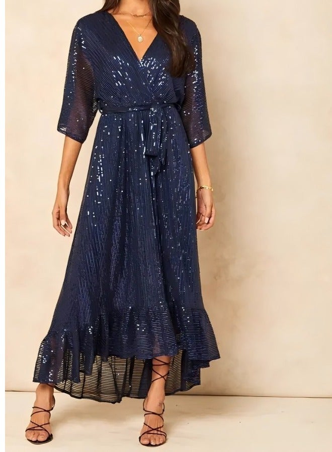 GEXUAN Deep Blue Sequin Wrap Dress with Belt - Image 1