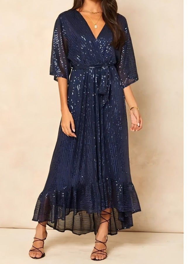 GEXUAN Deep Blue Sequin Wrap Dress with Belt - Image 2
