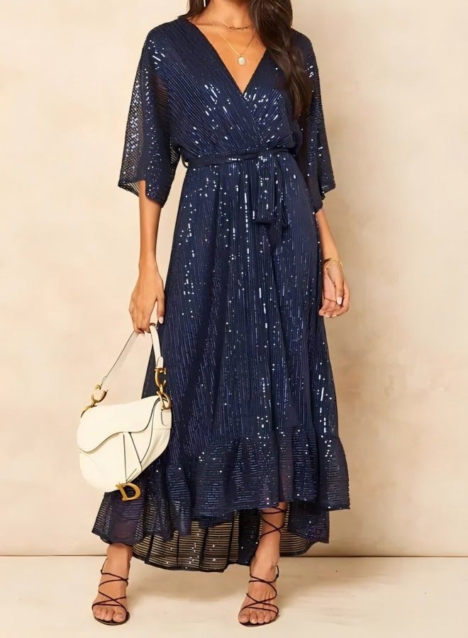 GEXUAN Deep Blue Sequin Wrap Dress with Belt - Image 3