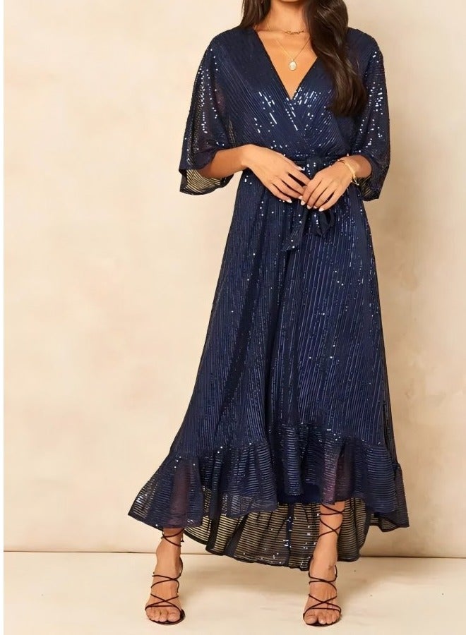GEXUAN Deep Blue Sequin Wrap Dress with Belt - Image 4