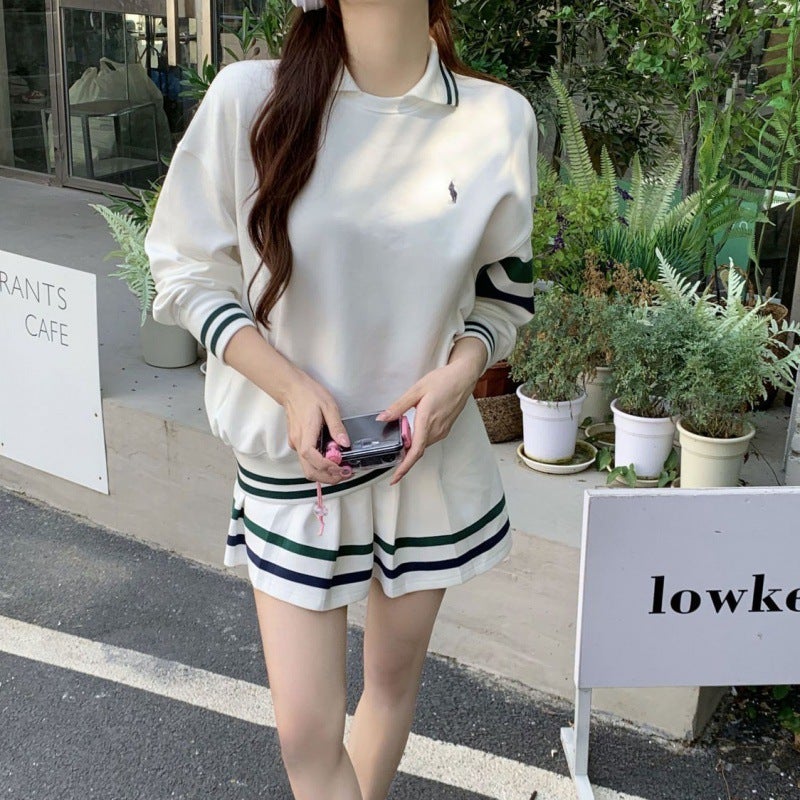Casual Sports suit Short Skirt Spring and Autumn Fashion Striped Academy Style Sweet Spice Girl Sweatshirt Pleated Skirt Two-piece Set Sweatshirt