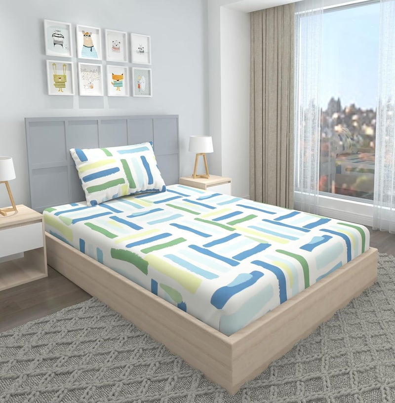 Blue Strip 220TC Glace Cotton Elastic Fitted Bedsheets Single Bed with 1 Pillow Cover | Single Bed with All Around Elastic, Size 42 X 75 Inches (Green Line) - Image 1