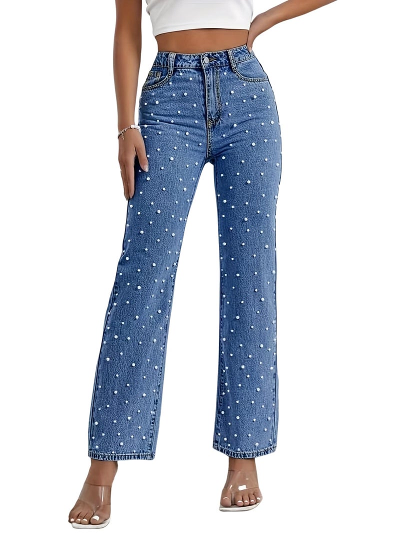 Kedera Women's High Waisted Jeans Boyfriend Baggy Straight Leg Casual Denim Pants Trousers Blue - Image 1