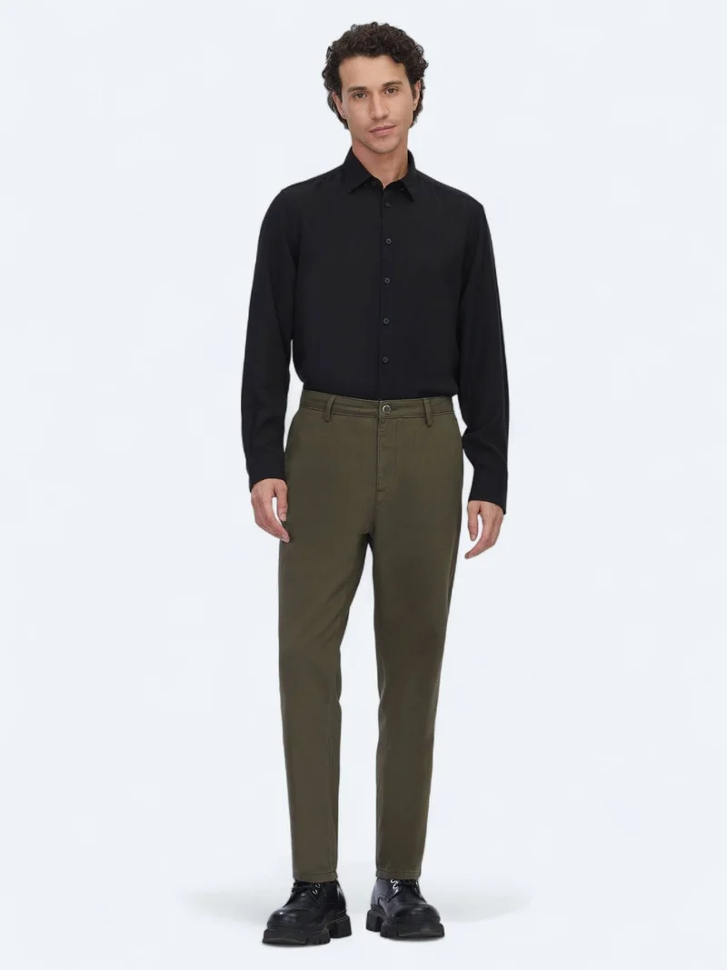 Kip Khaki Weaving Relaxed Fit Casual Cotton Blended Trousers