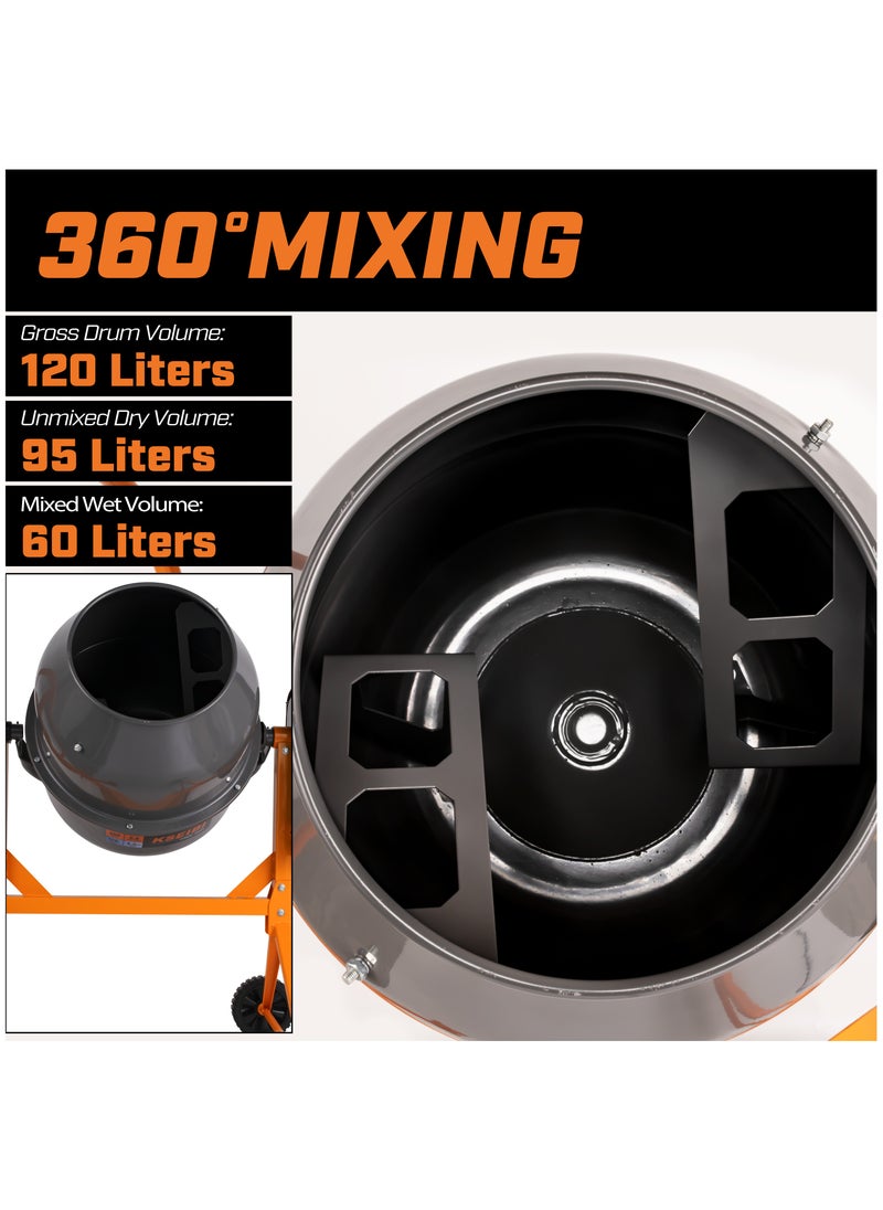 Cement Mixer 850W with Tank Capacity 200L, Portable Concrete Cement Mixing Machine for Stucco, Mortar Seeds, Feed, Safe and User-Friendly, Electric Cement Mixer Machine for Stucco with Wheel and Stand