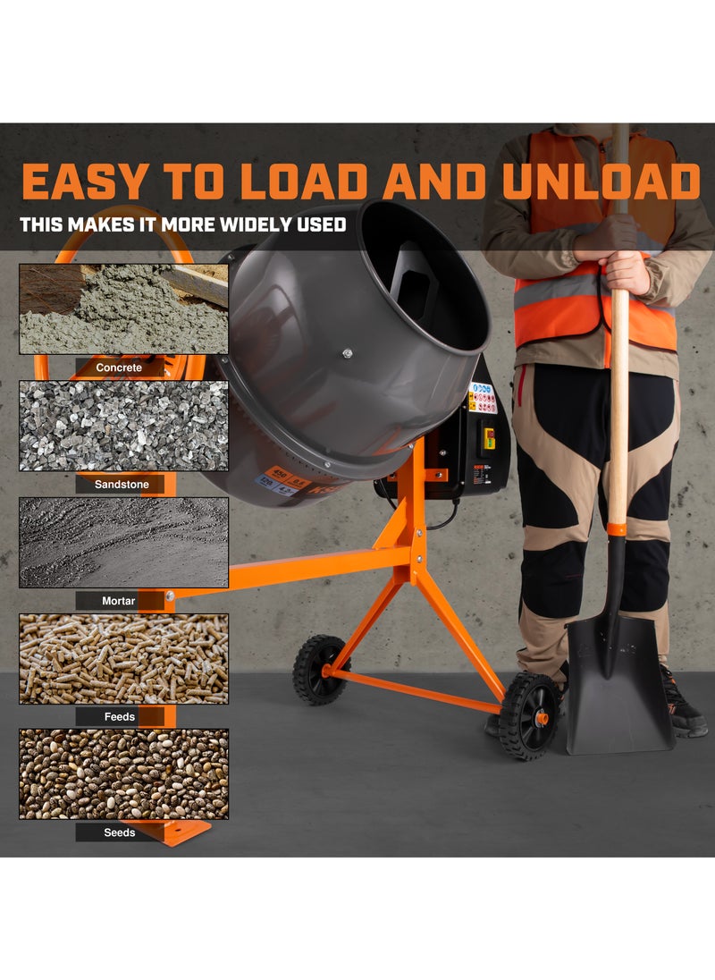 Cement Mixer 850W with Tank Capacity 200L, Portable Concrete Cement Mixing Machine for Stucco, Mortar Seeds, Feed, Safe and User-Friendly, Electric Cement Mixer Machine for Stucco with Wheel and Stand