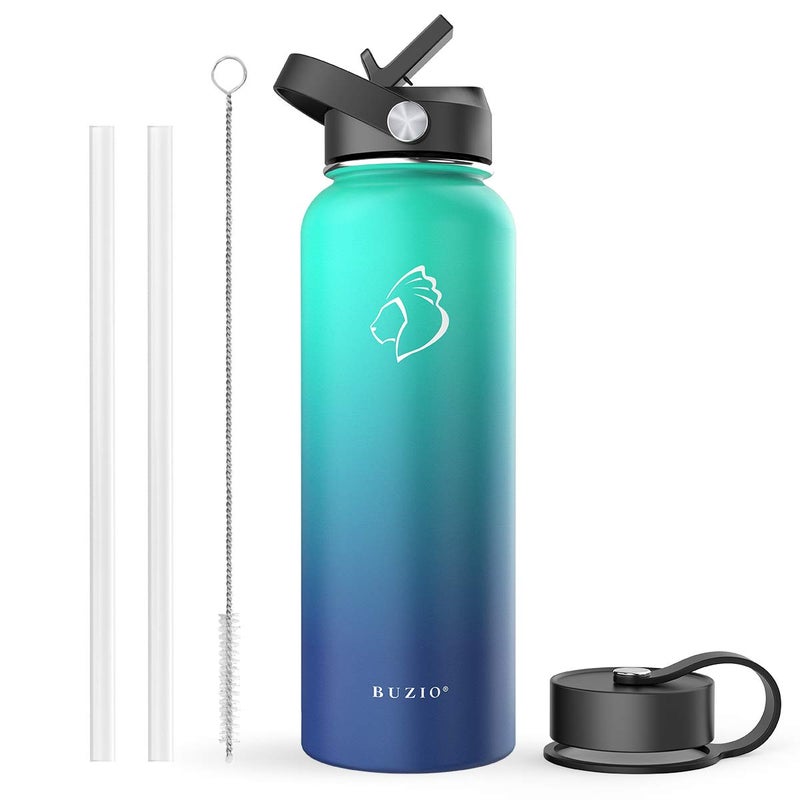 BUZIO Double Wall Stainless Steel Sports Wide Mouth Water Bottle  BPA-Free Flex Cap and Straw Lid  40 Ounces & 32 Ounces Water Bottle  Sea Breeze