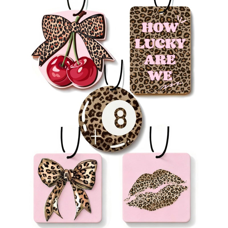 Joytezz Cheetah Print 5pcs Car Air Freshener Bow Coquette Leopard Print Car Accessories Automotive Interior Hanging Scents Mirror Decor for Women Teen Girls - Image 1