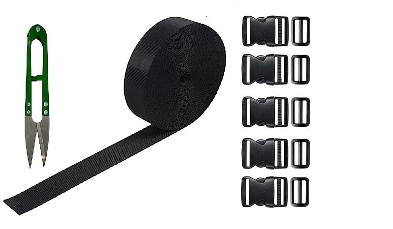 iCONY Nylon Webbing Strap 10meter roll with 5 Buckles, 5 Adjuster and 1 Thread Cutter for Backpack Repairing, Luggage Fastening Strap, Pet Collar Making, Hiking and More (Black) (2 inch) - Image 1