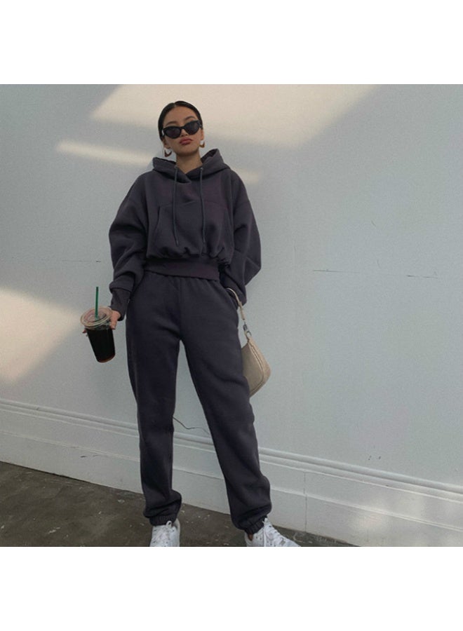 NIBEMINENT Autumn And Winter Casual Hooded Long-sleeved Sweatshirt Top Sports Trousers Two-piece Set Women's Simple Solid Color Pants Set - Image 1