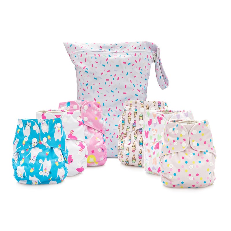 Simple Being Reusable Cloth Diapers Double Gusset One Size Adjustable Washable Soft Absorbent Waterproof Cover Unisex Baby Girl Boy Six Microfiber Inserts Sweet