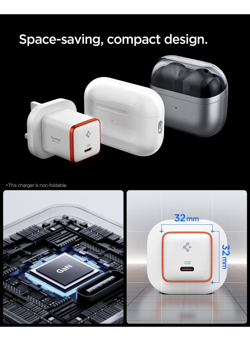 سبايجن شاحن حائط سريع GaN بقوة 30 واط USB C مع PD 3.0 وQC 3.0 وPPS ArcStation Essential Adapter Plug لأجهزة iPhone 17 16 15 14 13 12 Pro Max Mini MacBook Air iPad Pro Pixel 10 Samsung Galaxy S25 Ultra Plus - أبيض - Image 4