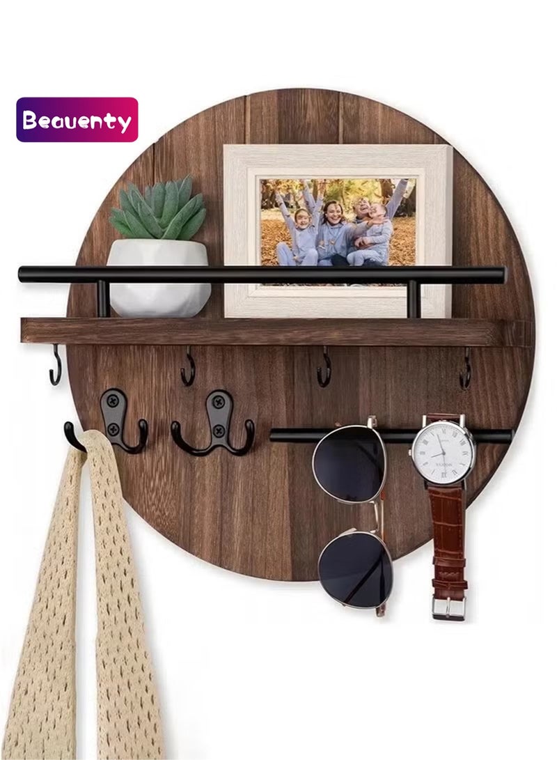 Beauenty Modern Style Wooden Wall Decorative Hanging Shelves with 6 Hooks Home Decor for Entryway Mudroom Office Hallway - Image 1