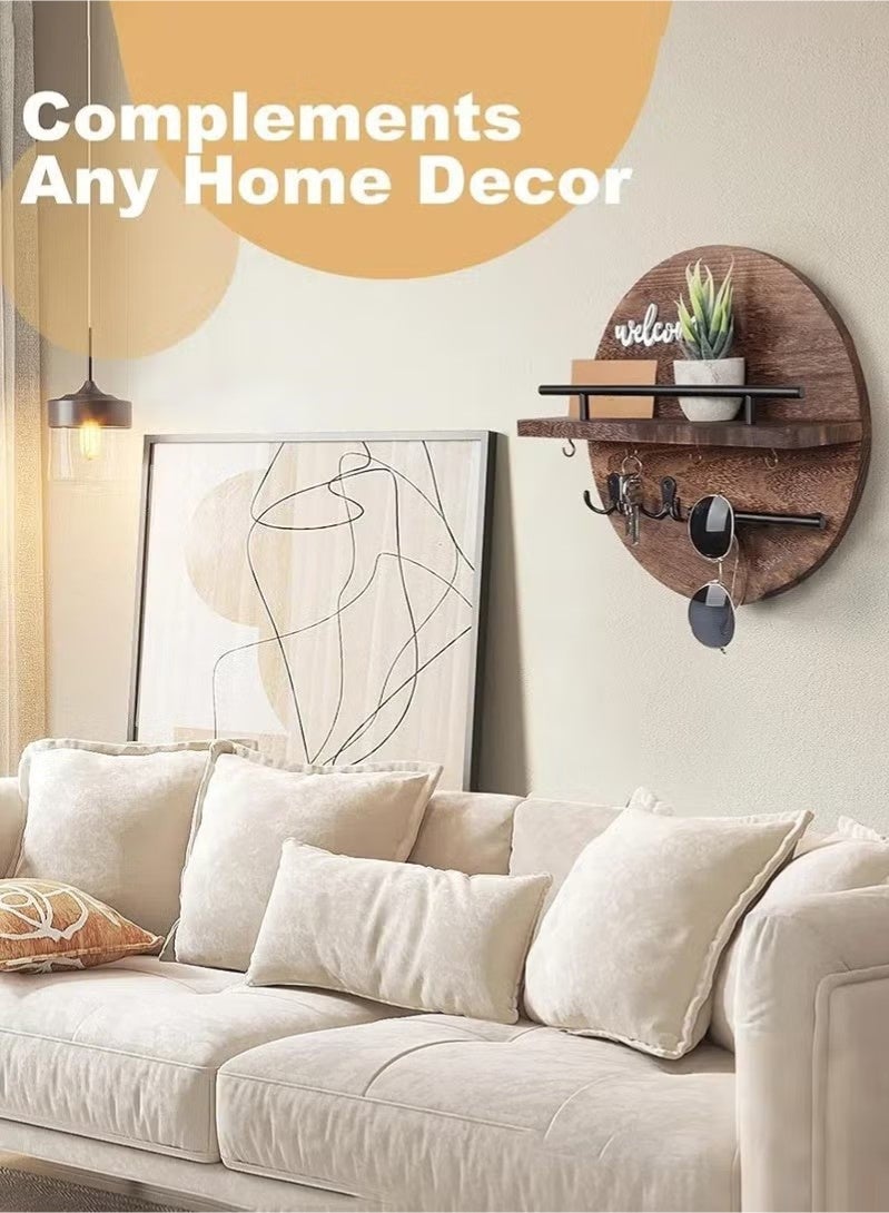 Beauenty Modern Style Wooden Wall Decorative Hanging Shelves with 6 Hooks Home Decor for Entryway Mudroom Office Hallway - Image 2