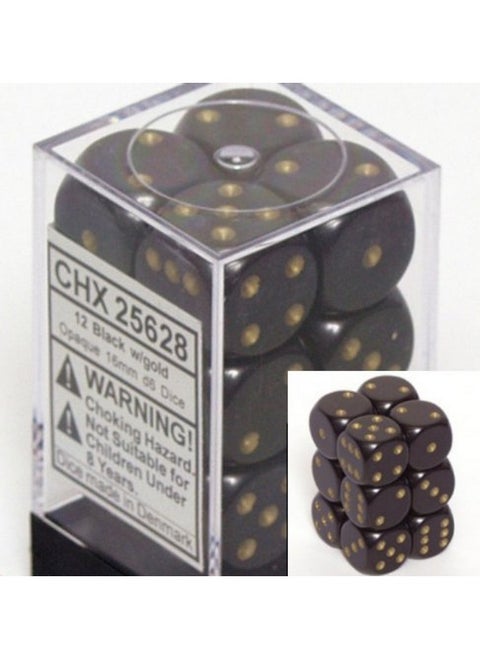 Black with Gold pips Opaque Dice 16mm D6 Set of 12